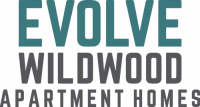 Evolve Wildwood Apartment Homes logo with teal and gray bold text on a light background.".